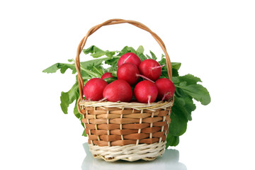 Fototapeta na wymiar tasty and healthy radish in a wicker wooden basket isolated on white background
