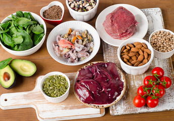 Foods with Zinc mineral on wooden table.