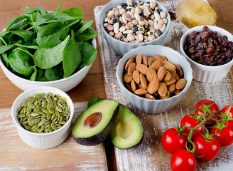 Foods containing potassium on a wooden table