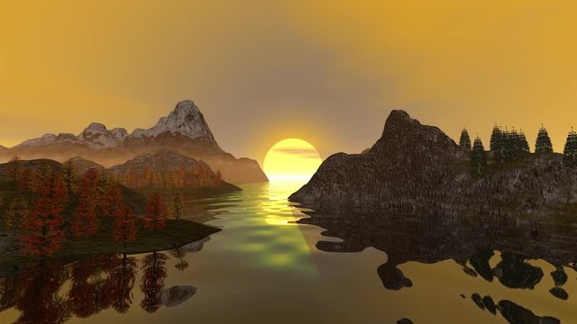 Sunset, a beautiful animation, forests, reflection in the water and a wonderful sky.