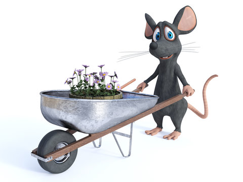 Smiling cartoon mouse ready for gardening.