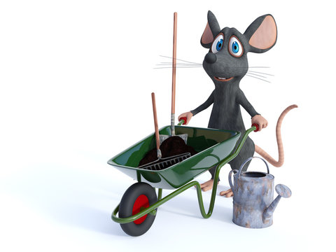 Smiling cartoon mouse ready for gardening.