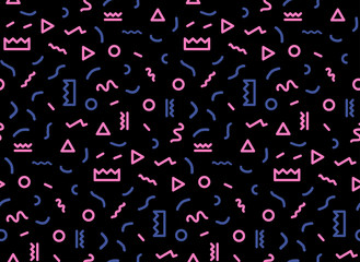 Geometric Vector pattern on a black background. Form a triangle, a line, a circle. Hipster fashion Memphis style. - 107407291