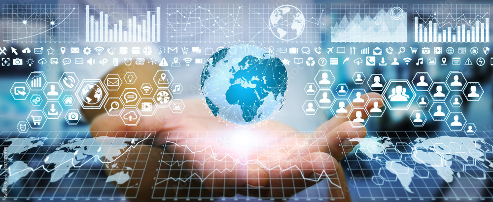 Poster businessman using digital tactile screen with charts