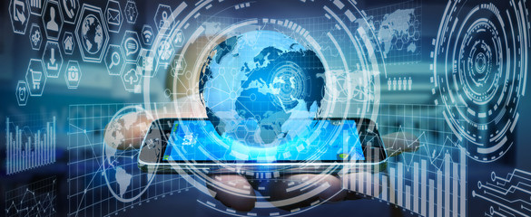 Businessman holding digital charts and globe