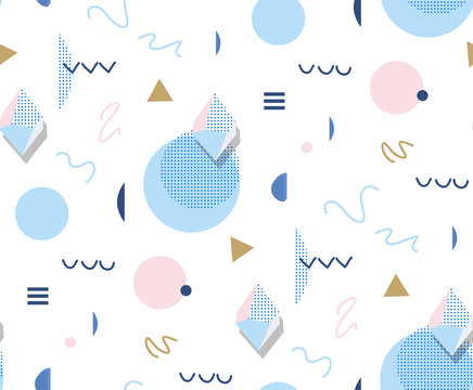 Retro Memphis  80s or 90s style fashion abstract background seamless pattern. Golden triangles, circles, lines. Good for design textile fabric, wrapping paper and wallpaper on the site. 