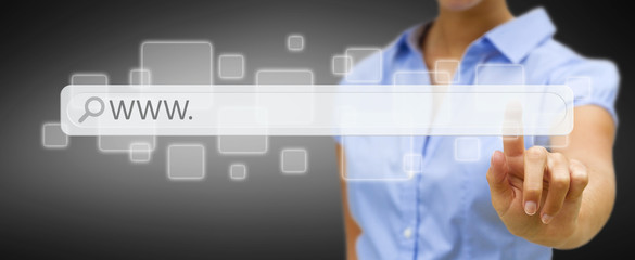 Woman surfing on internet with digital tactile web address bar