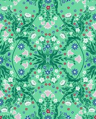 vector seamless beautiful gentle symmetrical romantic floral fractal foliage pattern with little flowers, cornflower, lily, daisy, leaves. exquisite background allover print in Art Nouveau style