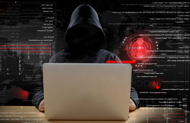 hacker at work with graphic user interface around