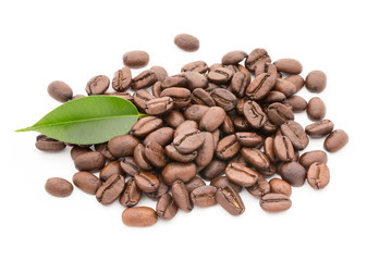 Coffee grains and leaves isolated on the white backgrounds.