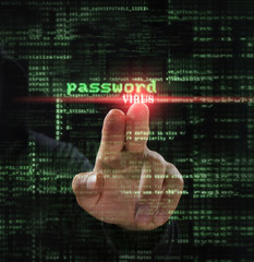 hacker at work with graphic user interface around