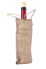 Wine bag for bottle made of natural burlap cloth isolated on white