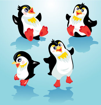 Set with funny penguins on blue icy background, cartoons for win