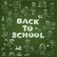 Chalkboard with green surface. Set of Kid's drawing - childish s