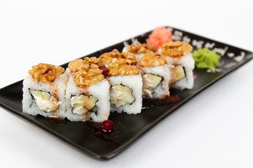 Image of tasty sushi set with apples and peanuts