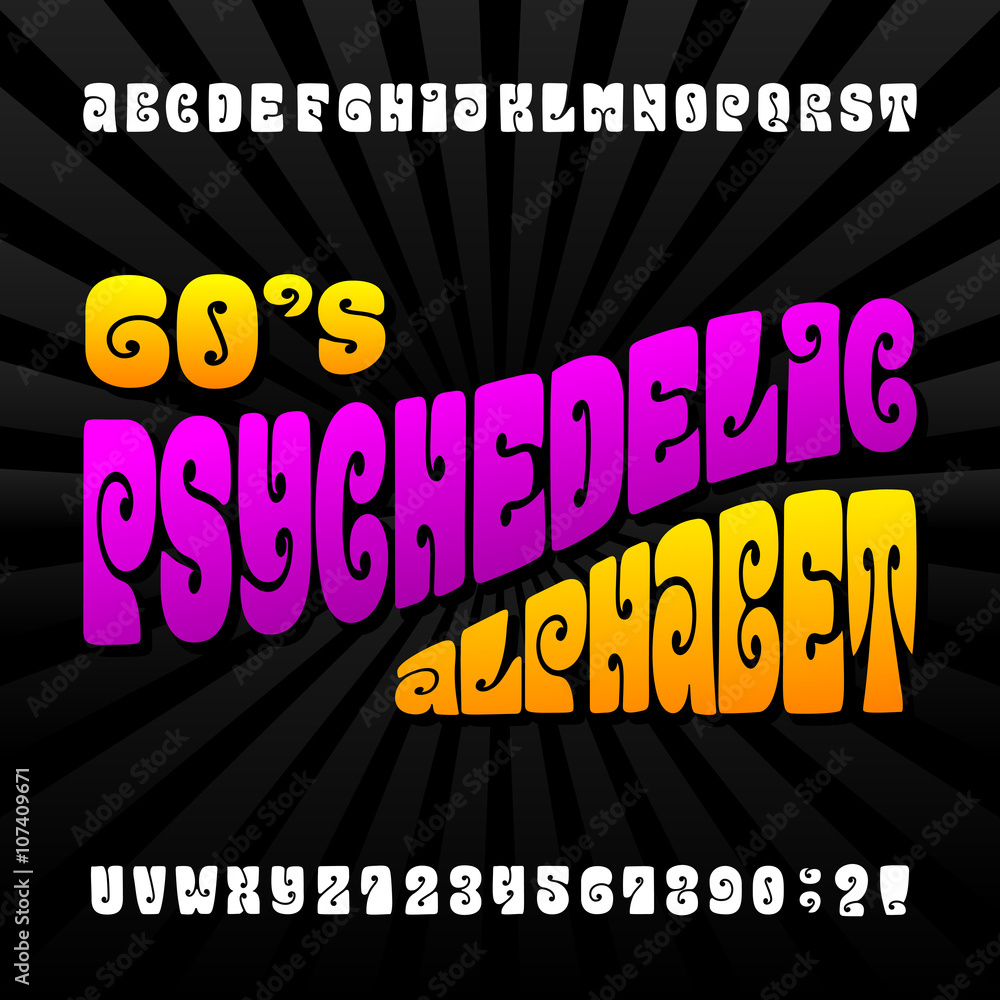 Poster psychedelic alphabet vector font. hand drawn letters and numbers in 60's hippy style. stock vector t