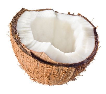 Half of coconut closeup on a white background
