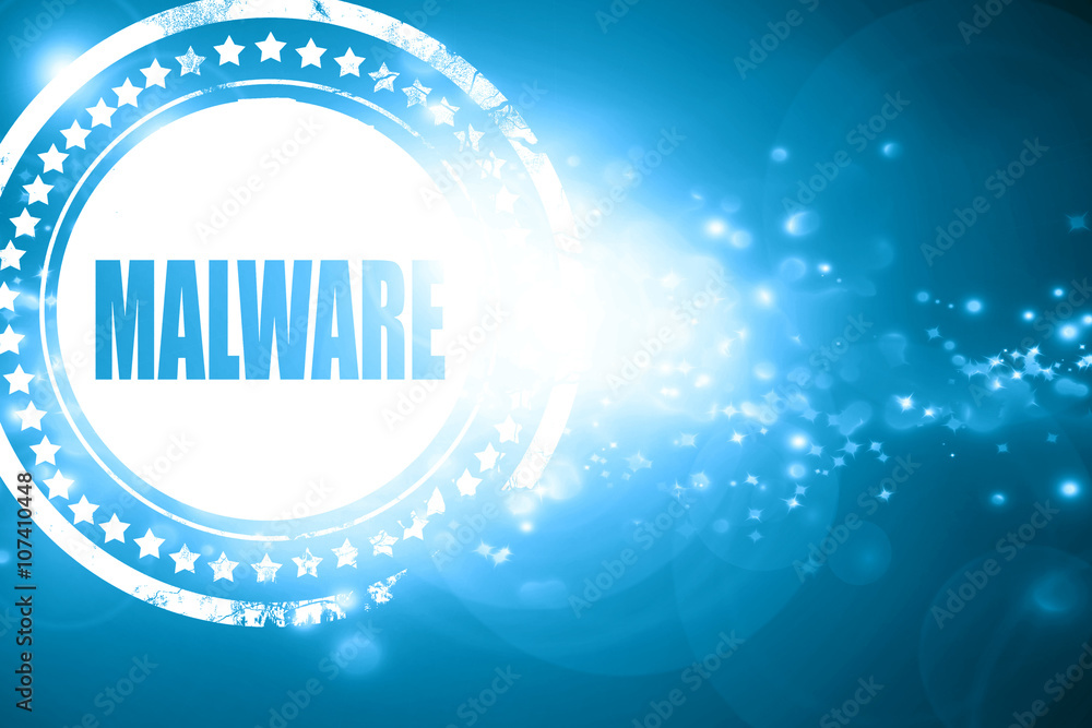 Poster blue stamp on a glittering background: malware computer backgrou