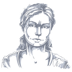 Graphic vector hand-drawn illustration of white skin angry lady