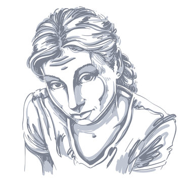 Portrait of delicate naive or blameworthy woman, black and white