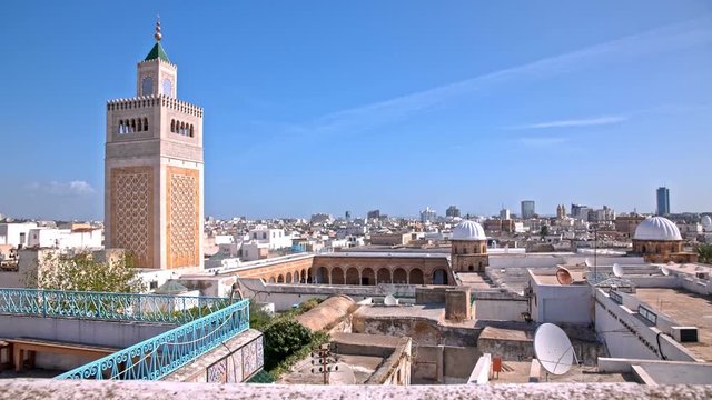 Tunis old town cityscape with Minaret on left
