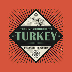 Stamp or vintage emblem with text Turkey, Discover the World