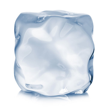 Ice cube close-up isolated on a white background.