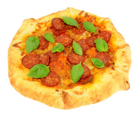 Cooked Pepperoni Pizza With Fresh Basil Herb Leaves