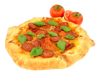 Cooked Pepperoni Pizza With Fresh Basil Herb Leaves