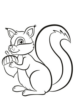 Coloring page. Little cute squirrel stands and holds an acorn in the hands. Squirrel smiles.