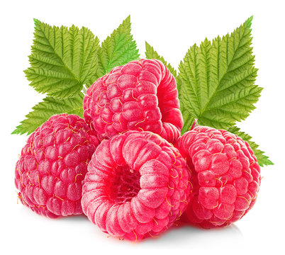 Ripe raspberries with leaves close-up isolated on a white background.