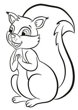 Coloring page. Little cute squirrel stands and looks somewhere. The squirrel is surprised and happy.