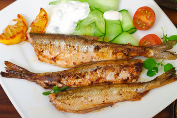 Roasted sardines with a salad of cucumber and yogurt on a wooden background. Mediterranean cuisine
