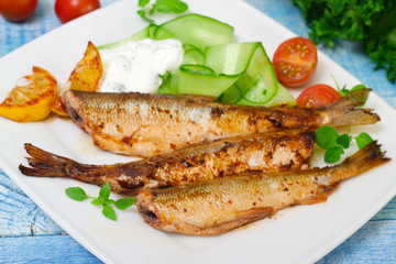 Roasted sardines with a salad of cucumber and yogurt on a wooden background. Mediterranean cuisine