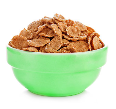 Wheat bran breakfast cereal in a bowl isolated on white background.