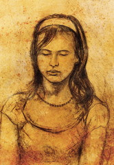 art drawing beautiful girl face and sepia background.