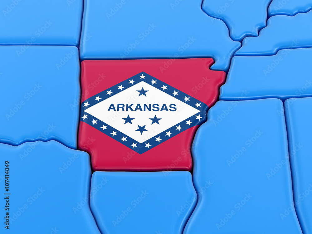 Poster map of arkansas state with flag. image with clipping path.