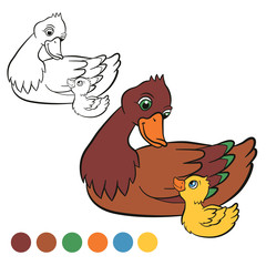 Coloring page. Color me: duck. Kind duck and little cute duckling swim on the pond.