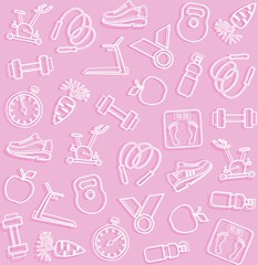 Fitness, sports, pink background. 