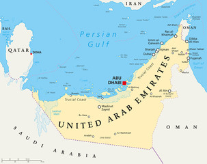 UAE United Arab Emirates political map with capital Abu Dhabi, national borders, important cities and bodies of water. English labeling and scaling. Illustration.