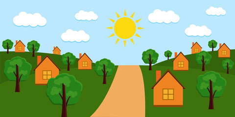 Rural sunny landscape with houses, hills, road and trees. 