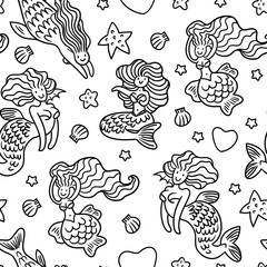 Mermaids in playful mood with seashells, hearts and stars.black and white seamless  pattern 