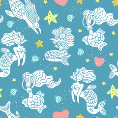 Zeemeerminnen in speelse bui met schelpen, harten en sterren naadloos patroon