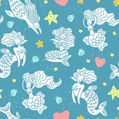 Fotobehang Onder de zee Zeemeerminnen in speelse bui met schelpen, harten en sterren naadloos patroon