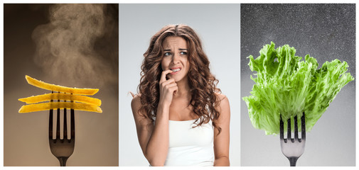 The collage of young beautiful woman with healthy and harmful meal