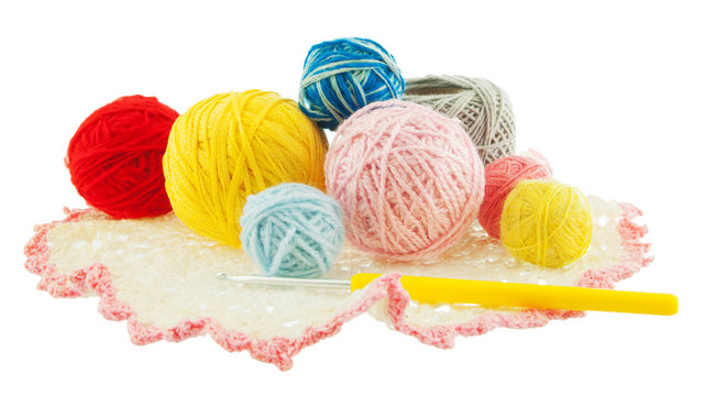 knitwear, yellow, red, blue, grey ball of yarn, crochet red, pin