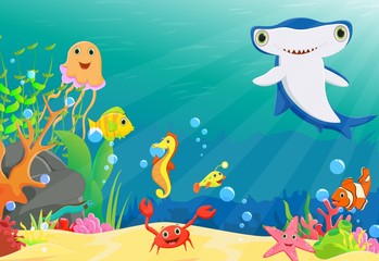Fototapeta na wymiar illustration of coral reef with a funny fish and hammerhead shark