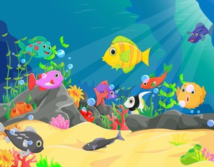 Naklejka na ściany i meble illustration of underwater world with corals and tropical fish