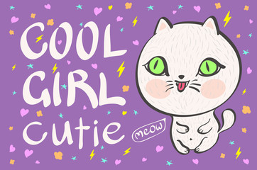cool girl cutie little white cat vector illustration