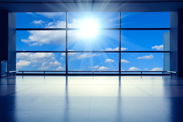 Modern airport interior glass wall aisle window